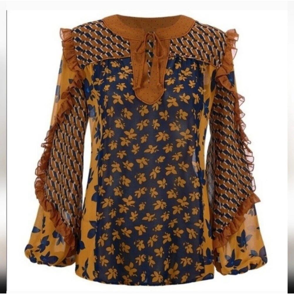 Cabi Harmony Blouse L Large Floral Mix Prints Riot Balloon Sleeves Bohemian